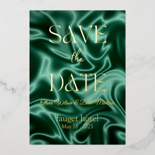 Save the Date smaragdgrüne Seidengrundfolie i Folieneinladung (Vorderseite)