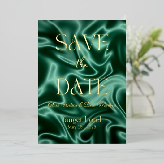 Save the Date smaragdgrüne Seidengrundfolie i Folieneinladung (Stehend vorne)