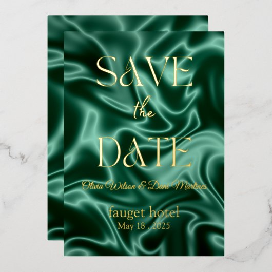Save the Date smaragdgrüne Seidengrundfolie i Folieneinladung (Vorderseite/Rückseite)