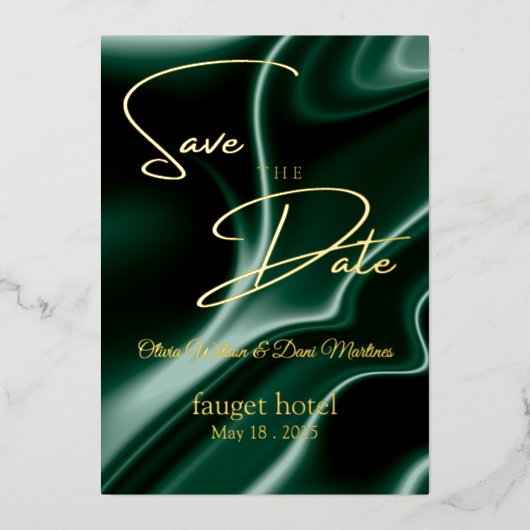 Save the Date smaragdgrüner Seidenhintergrund Folieneinladung (Vorderseite)