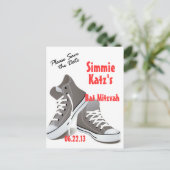 Save the Date Sneakers Bat Mitzvah Postcard Ankündigungspostkarte (Stehend Vorderseite)