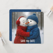 Save The Date Snowman Couple in Snowflakes Karte (Vorderseite/Rückseite Beispiel)