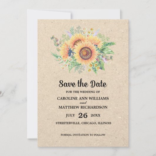 Save The Date. Sonnenblumen Rustikales Hochzeitsse Einladung (Vorderseite)