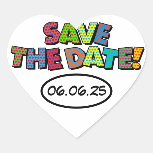 SAVE THE DATE Spaß Retro Comic Pop Kunst Herz-Aufkleber (Vorderseite)