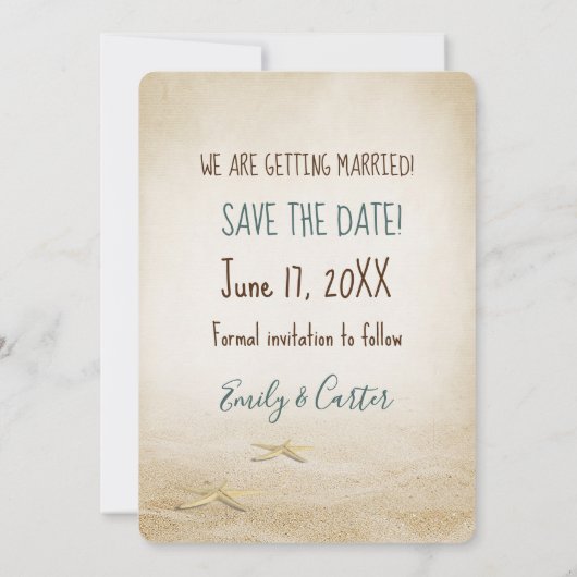 Save the Date Starfish und Meldung in einer Flasch Ankündigung (Rückseite)