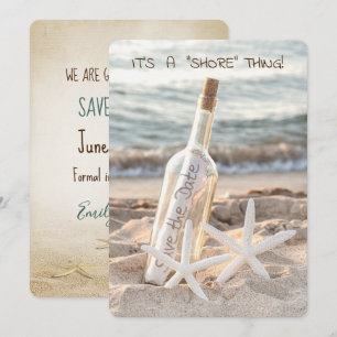 Save the Date Starfish und Meldung in einer Flasch Ankündigung