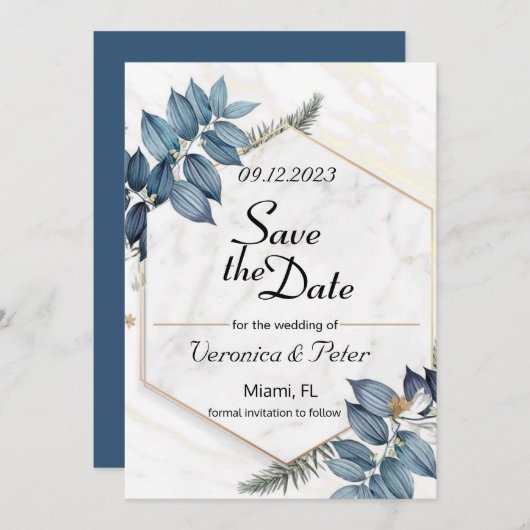 Save the Date staubblaue Hochzeit Einladung (Vorne/Hinten)