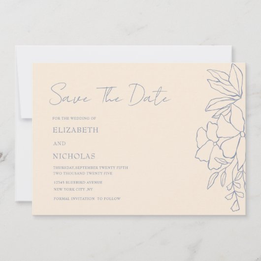 Save the Date staubig blue und creme floral classi (Vorderseite)