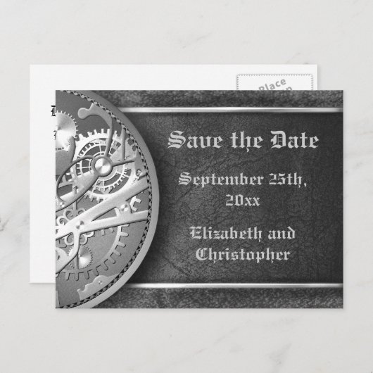 Save the Date Steampgange schwarz-weiß Ankündigungspostkarte (Vorne/Hinten)
