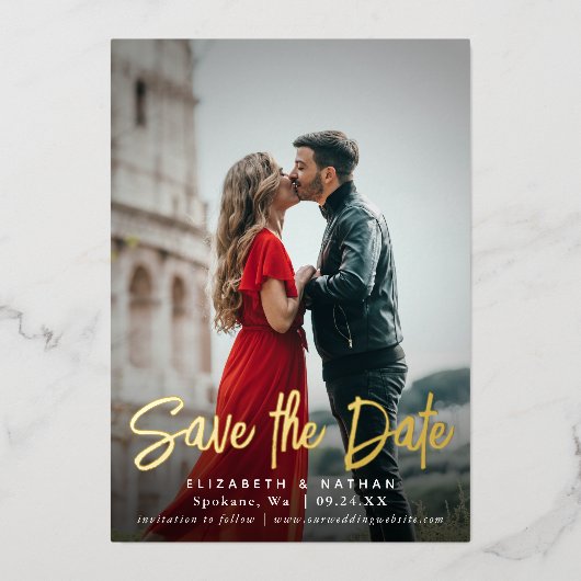 Save the Date Stilvolles Script-Foto Folieneinladung (Vorderseite)