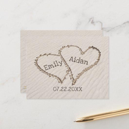 Save the Date Strandherzen mit Namen Postkarte (Vorderseite/Rückseite Beispiel)