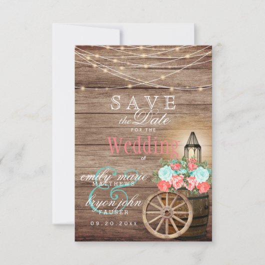 Save the Date - String Lights, Barrel- Teal, Coral (Vorderseite)