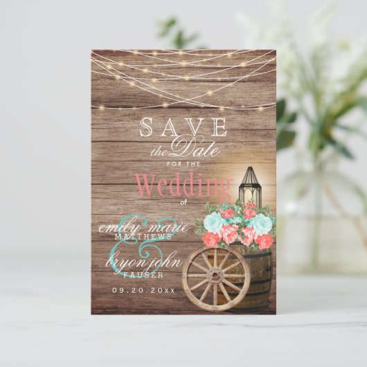 Save the Date - String Lights, Barrel- Teal, Coral (Stehend Vorderseite)