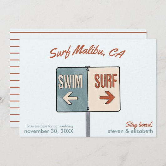 Save the Date Surf, Malibu, Kalifornien Einladung (Vorne/Hinten)