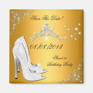 Save the Date Sweet 16 Gold High Heels Shoes Tiara Magnet