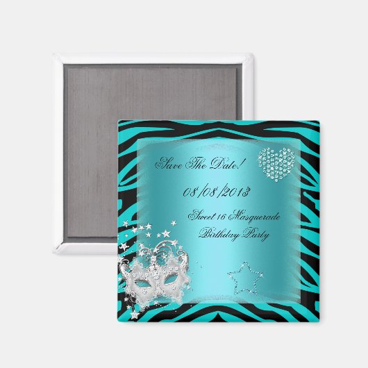 Save the Date Sweet 16 Masquerade Aquamarin Zebra Magnet (Vorderseite/Rückseite)