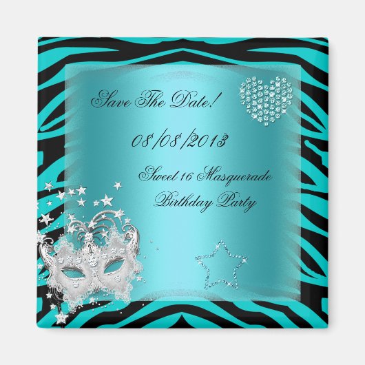 Save the Date Sweet 16 Masquerade Aquamarin Zebra Magnet (Vorne)