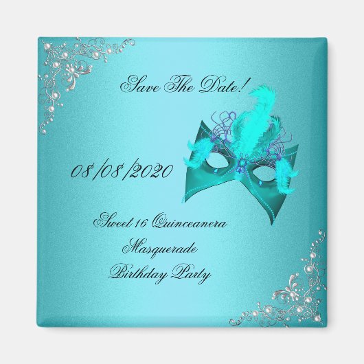Save the Date Sweet 16 Quinceanera Masquerade Aqua Magnet (Vorne)