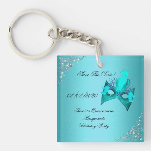 Save the Date Sweet 16 Quinceanera Masquerade Aqua Schlüsselanhänger (Vorderseite)
