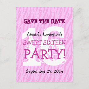 Save the Date Sweet 16 Zebra Geburtstagsparty V04 Ankündigungspostkarte