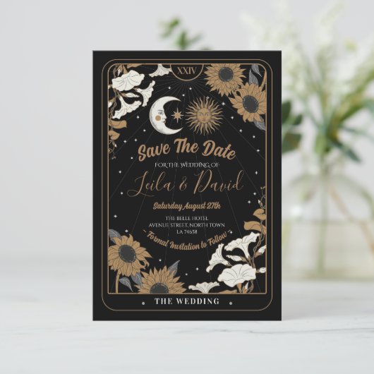 Save the Date Tarot Sun Moon Aligned Wedding Begleitkarte (Stehend Vorderseite)