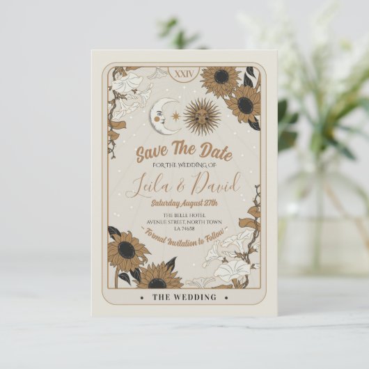 Save the Date Tarot Sun Moon Aligned Wedding Begleitkarte (Stehend Vorderseite)