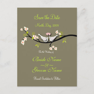 Save the Date Tauben+Rosa Blüten/Farbtöne Ankündigungspostkarte
