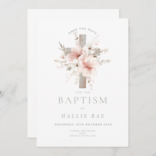 Save the Date Taufe, elegante rosa Blüte Einladung (Vorne/Hinten)