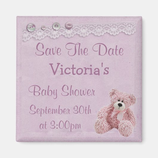 Save the Date Teddy Bear Baby Girl Dusche Magnet (Vorne)