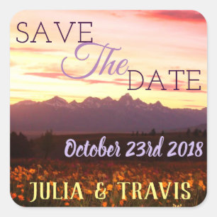 Save the Date Tetons lila UND WILDBLUMEN Quadratischer Aufkleber