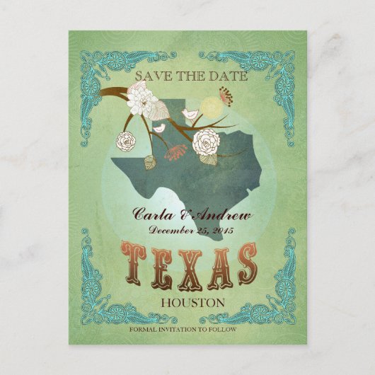 Save the Date - Texas-Karte mit hübschen Vögeln Ankündigungspostkarte (Vorderseite)