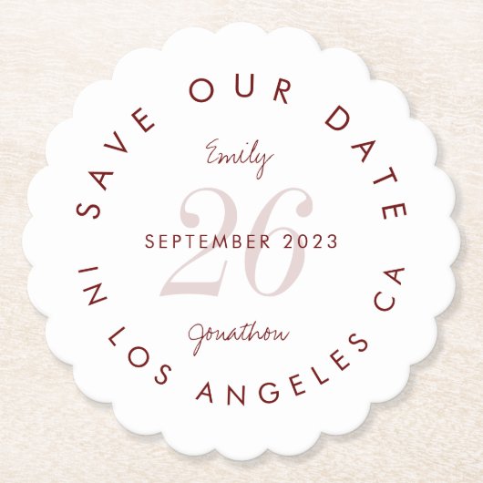 Save the Date Tinted Day Burgundy Typografie Untersetzer (Vorderseite)