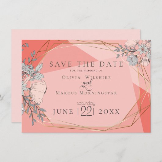 Save The Date | Trendy Coral Floral Gold Frame Einladung (Vorne/Hinten)