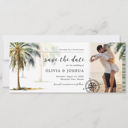 Save the Date Tropical Palm Tree Boarding Pass (Vorderseite)