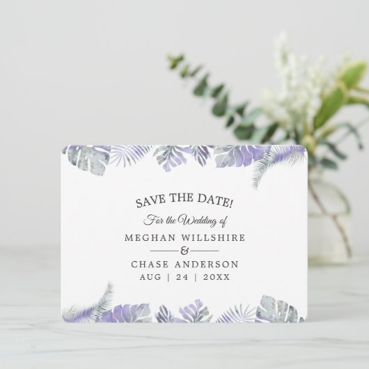 Save the Date tropische Amethyst-Blätter (Stehend Vorderseite)