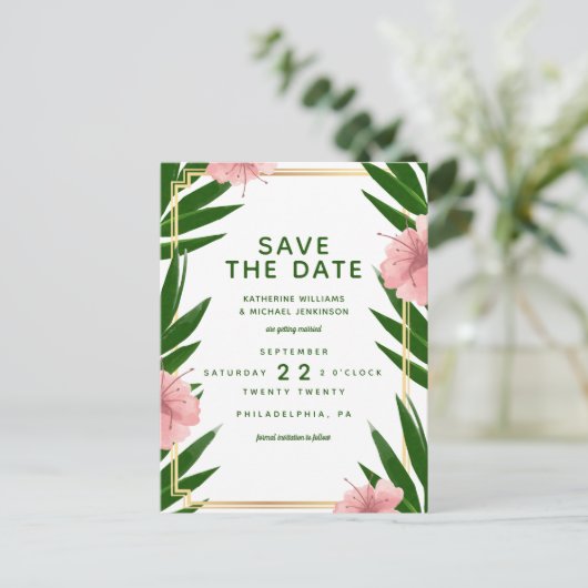 Save The Date | Tropische Hochzeit Postkarte (Stehend Vorderseite)