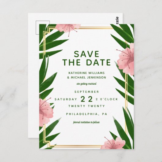 Save The Date | Tropische Hochzeit Postkarte (Vorne/Hinten)