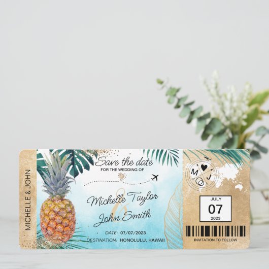 Save the Date Tropischer Ananas-Boarding-Pass Einladung (Stehend Vorderseite)