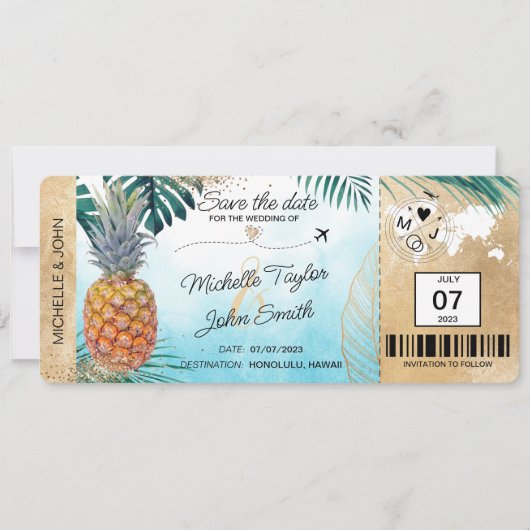 Save the Date Tropischer Ananas-Boarding-Pass Einladung (Vorderseite)
