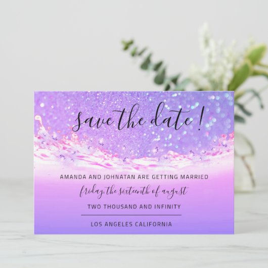 Save the Date Tropischer Ozean Rosa Waves Lila Blu (Stehend Vorderseite)