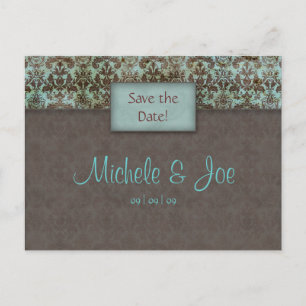 Save the Date Türkis Brown Damask Postkarte