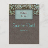 Save the Date Türkisblau, braune Damaske Postkarte (Vorderseite)