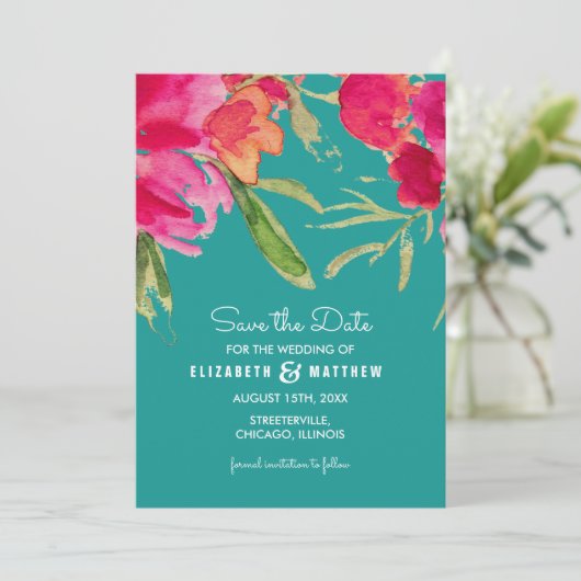 Save The Date. Turquoise Fuchsia Floral Cards Einladung (Stehend Vorderseite)