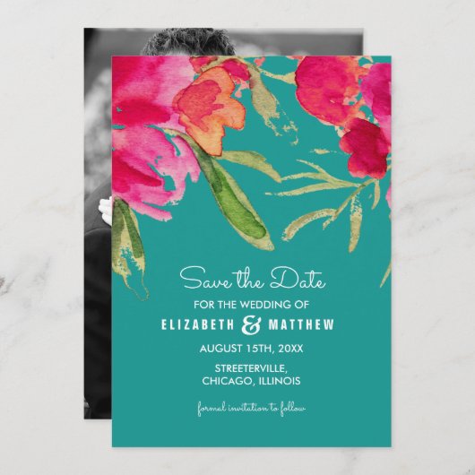 Save The Date. Turquoise Fuchsia Floral Cards Einladung (Vorne/Hinten)