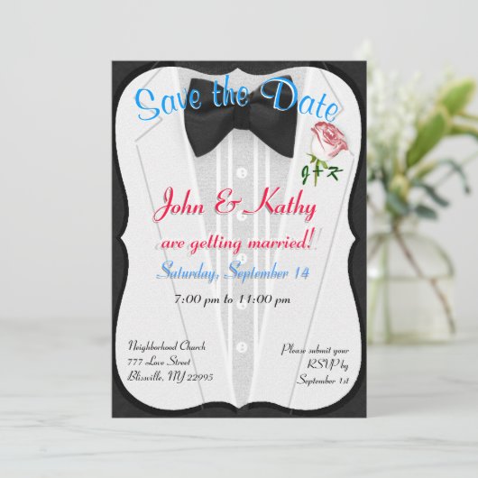 "Save the Date" Tuxedo Einladung (Stehend Vorderseite)