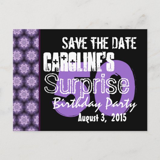 Save the Date Überraschung 50. Modernes Lila Schwa Ankündigungspostkarte (Vorderseite)