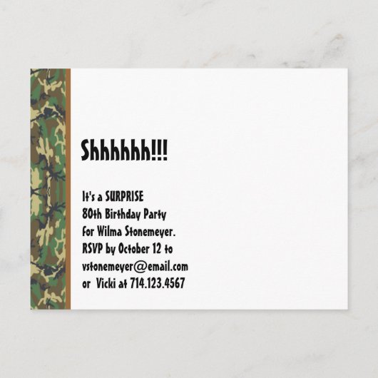 Save the Date Überraschung 80. Party CAMOUFLAGE V0 Ankündigungspostkarte (Rückseite)