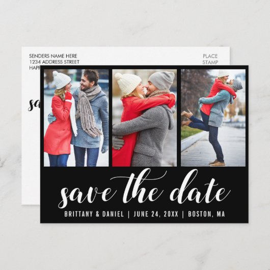 Save the Date Verlobung 3 Foto schwarz Postkarte (Vorne/Hinten)