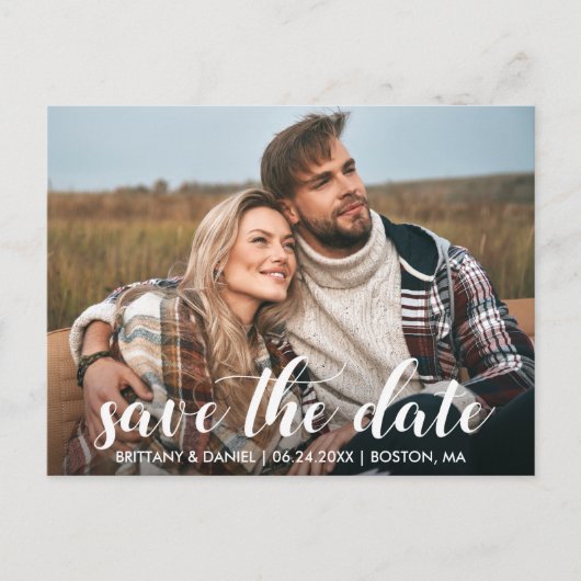 Save the Date Verlobung Foto Modernes Skript Postkarte (Vorderseite)