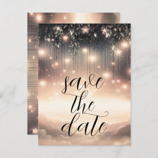 Save the Date verzauberte Sky Tree Glow Stars Ankündigungspostkarte (Vorne/Hinten)